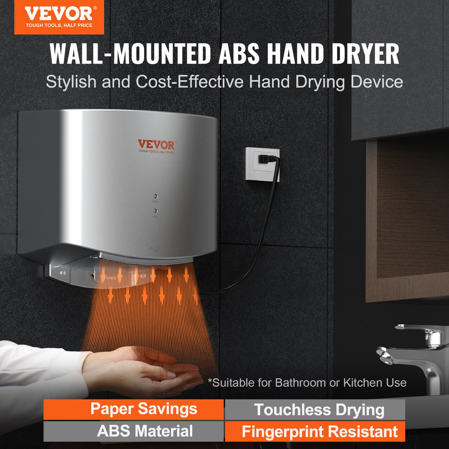 VEVOR Heavy Duty Commercial Hand Dryer, 1400W Automatic High Speed ABS Warm Wind Hand Blower, 120V & Built-In Filter Sponge & Low Noise & Effortless Installation, Compliant for Industry Home, Goodies N Stuff