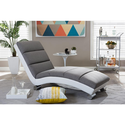 Grey Fabric and White Faux Leather Upholstered Chaise Lounge, Goodies N Stuff