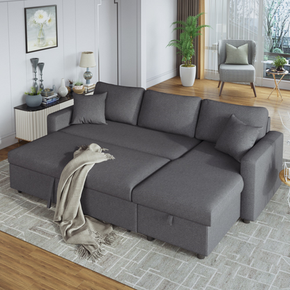 Upholstery  Sleeper Sectional Sofa Grey with Storage Space, 2 Tossing Cushions, Goodies N Stuff