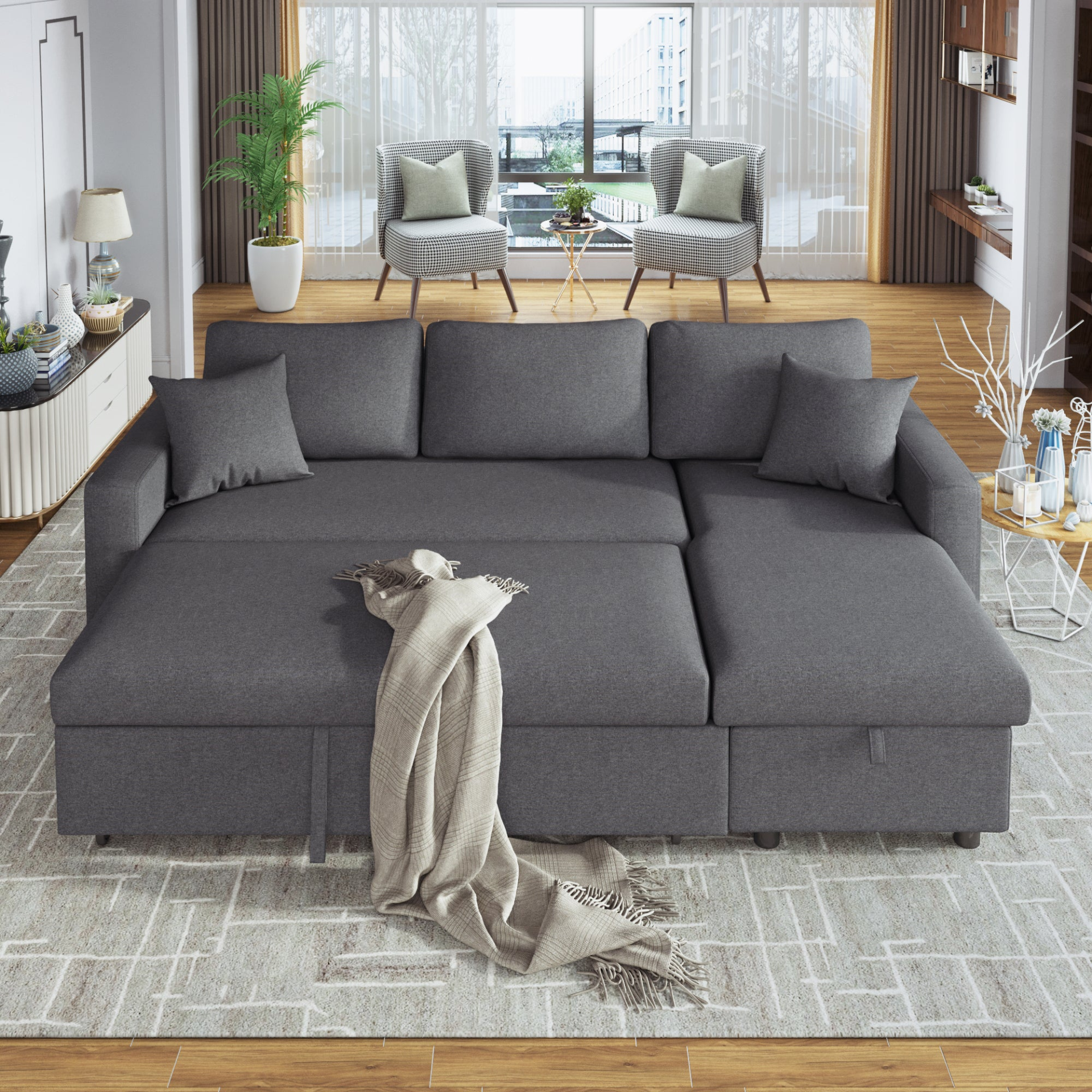 Upholstery  Sleeper Sectional Sofa Grey with Storage Space, 2 Tossing Cushions, Goodies N Stuff