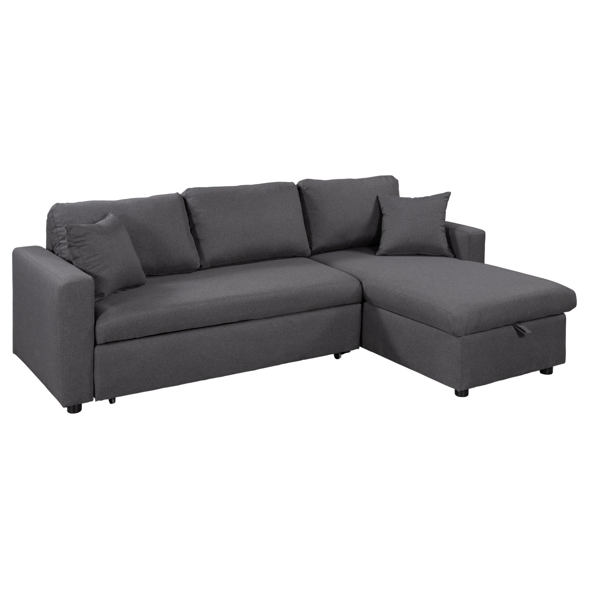 Upholstery  Sleeper Sectional Sofa Grey with Storage Space, 2 Tossing Cushions, Goodies N Stuff