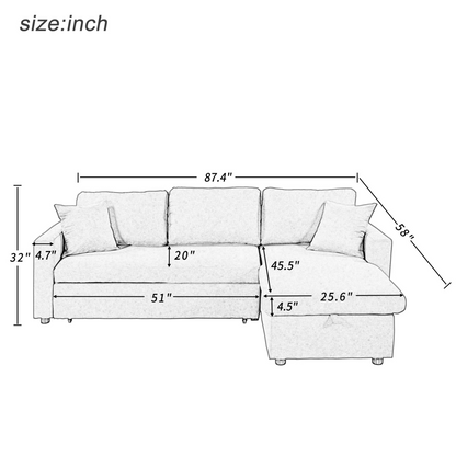 Upholstery  Sleeper Sectional Sofa Grey with Storage Space, 2 Tossing Cushions, Goodies N Stuff