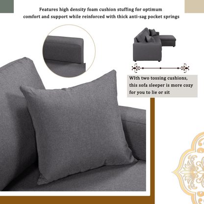 Upholstery  Sleeper Sectional Sofa Grey with Storage Space, 2 Tossing Cushions, Goodies N Stuff