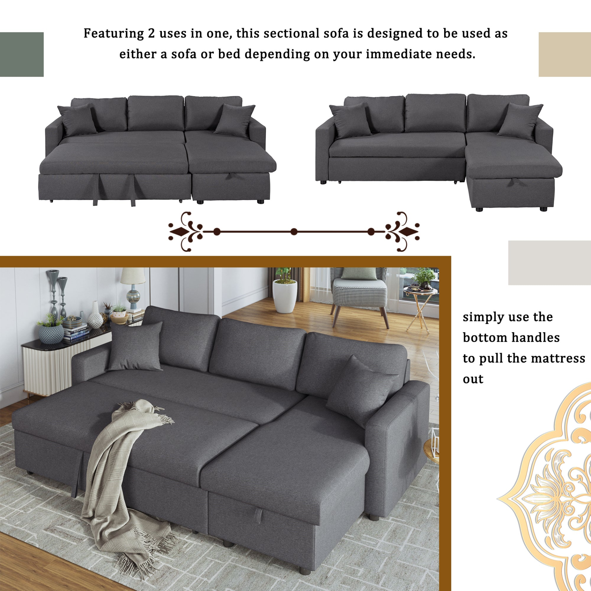 Upholstery  Sleeper Sectional Sofa Grey with Storage Space, 2 Tossing Cushions, Goodies N Stuff