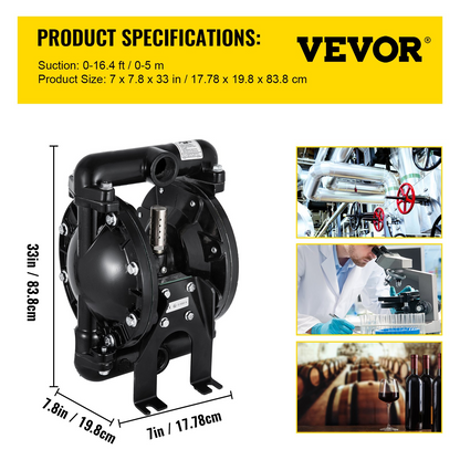 VEVOR Air-Operated Double Diaphragm Pump 1 inch Inlet Outlet Aluminum 35 GPM Max 120PSI for Industrial Use, QBY4-25LF46-1inch-35, Goodies N Stuff