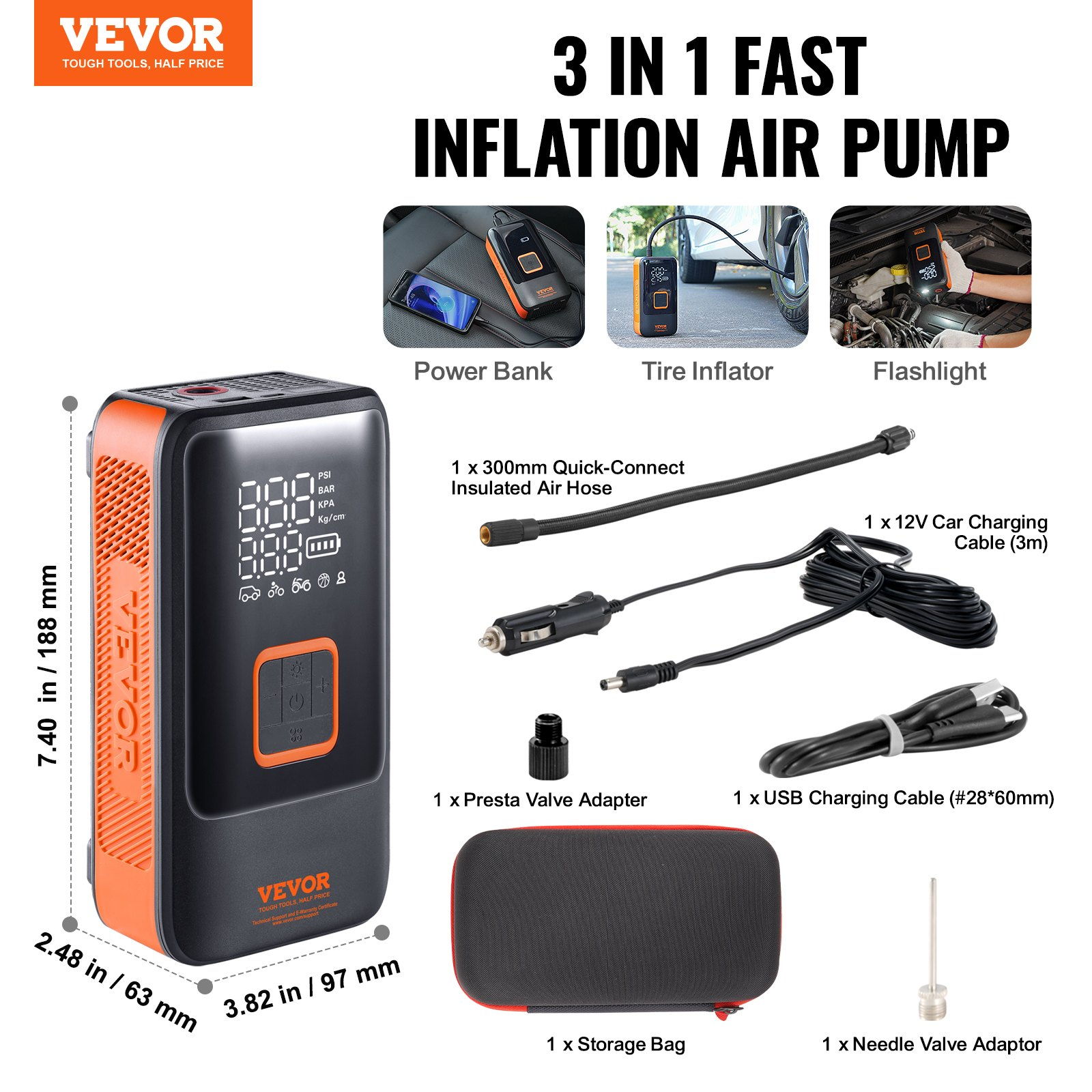VEVOR Tire Inflator Portable Air Compressor, 30s Fast Inflation Dual-Cylinder Air Pump, 12000 mAh Cordless Air Compressor with LCD Screen, Auto Shut-Off, Suitable for SUV, MPV, Cars, Motorcycles, Goodies N Stuff
