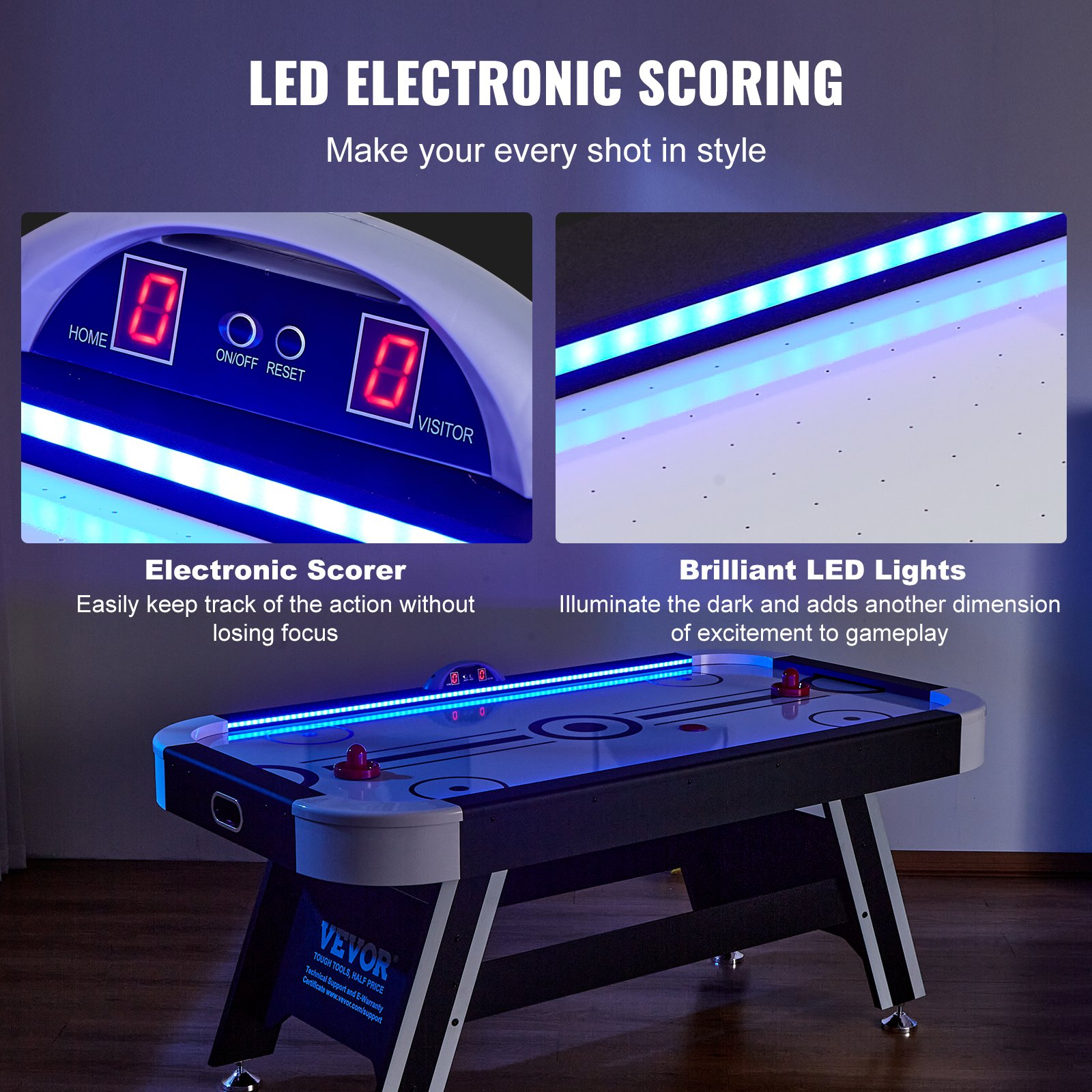 VEVOR Air-Powered Hockey Table, 72" Indoor Hockey Table for Kids and Adults, LED Sports Hockey Game with 2 Pucks, 2 Pushers, and Electronic Score System, Arcade Gaming Set for Game Room Family Home, Goodies N Stuff