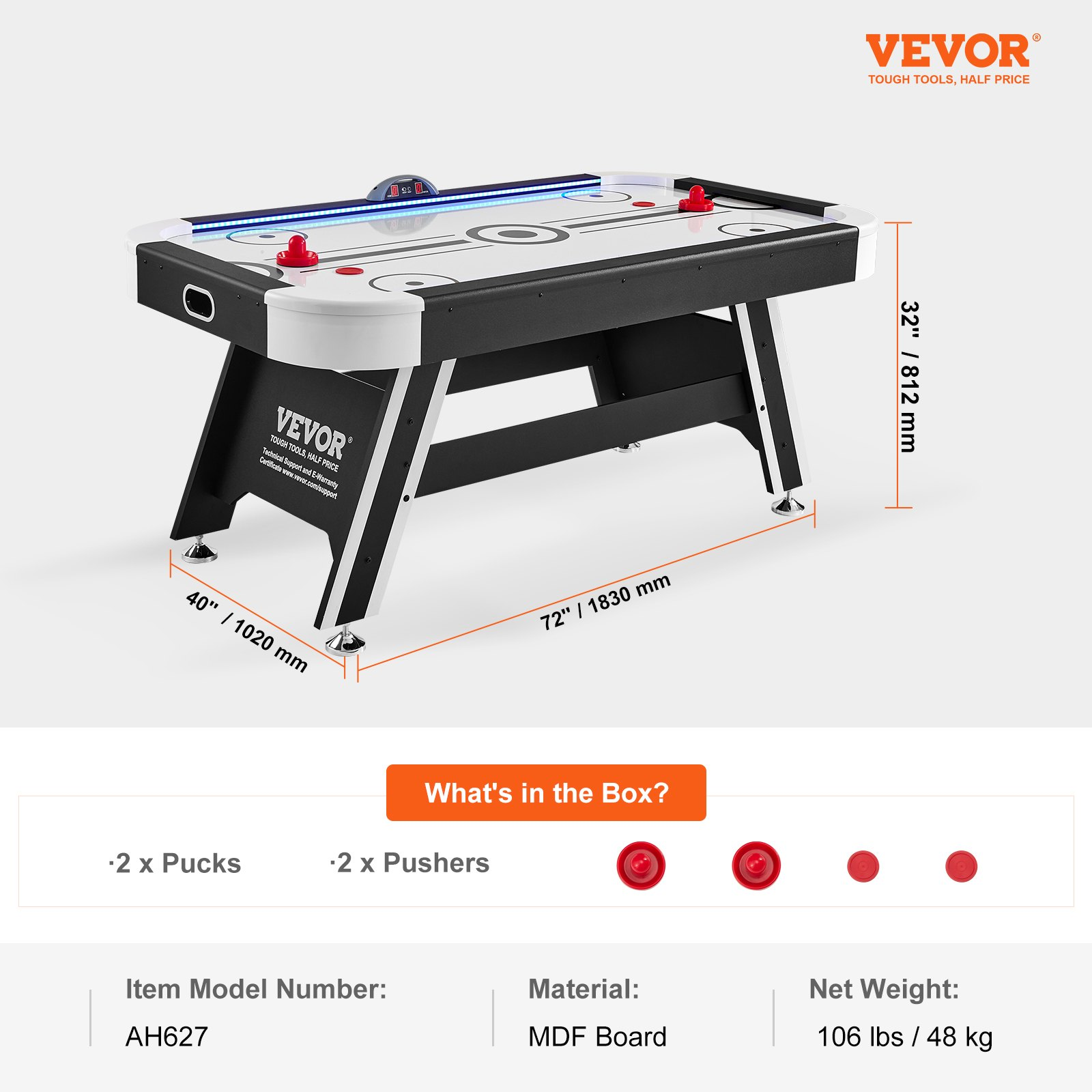 VEVOR Air-Powered Hockey Table, 72" Indoor Hockey Table for Kids and Adults, LED Sports Hockey Game with 2 Pucks, 2 Pushers, and Electronic Score System, Arcade Gaming Set for Game Room Family Home, Goodies N Stuff