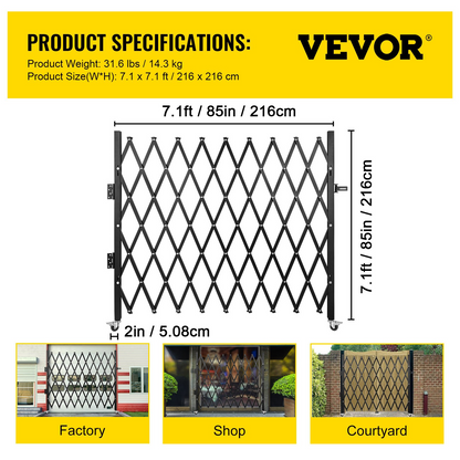 VEVOR Single Folding Security Gate, 7.1' H x 7.1' W （85 x 85 inch）Folding Door Gate, Steel Accordion Security Gate, Flexible Expanding Security Gate, 360° Rolling Barricade Gate, Scissor Gate/Door with Padlock, Goodies N Stuff