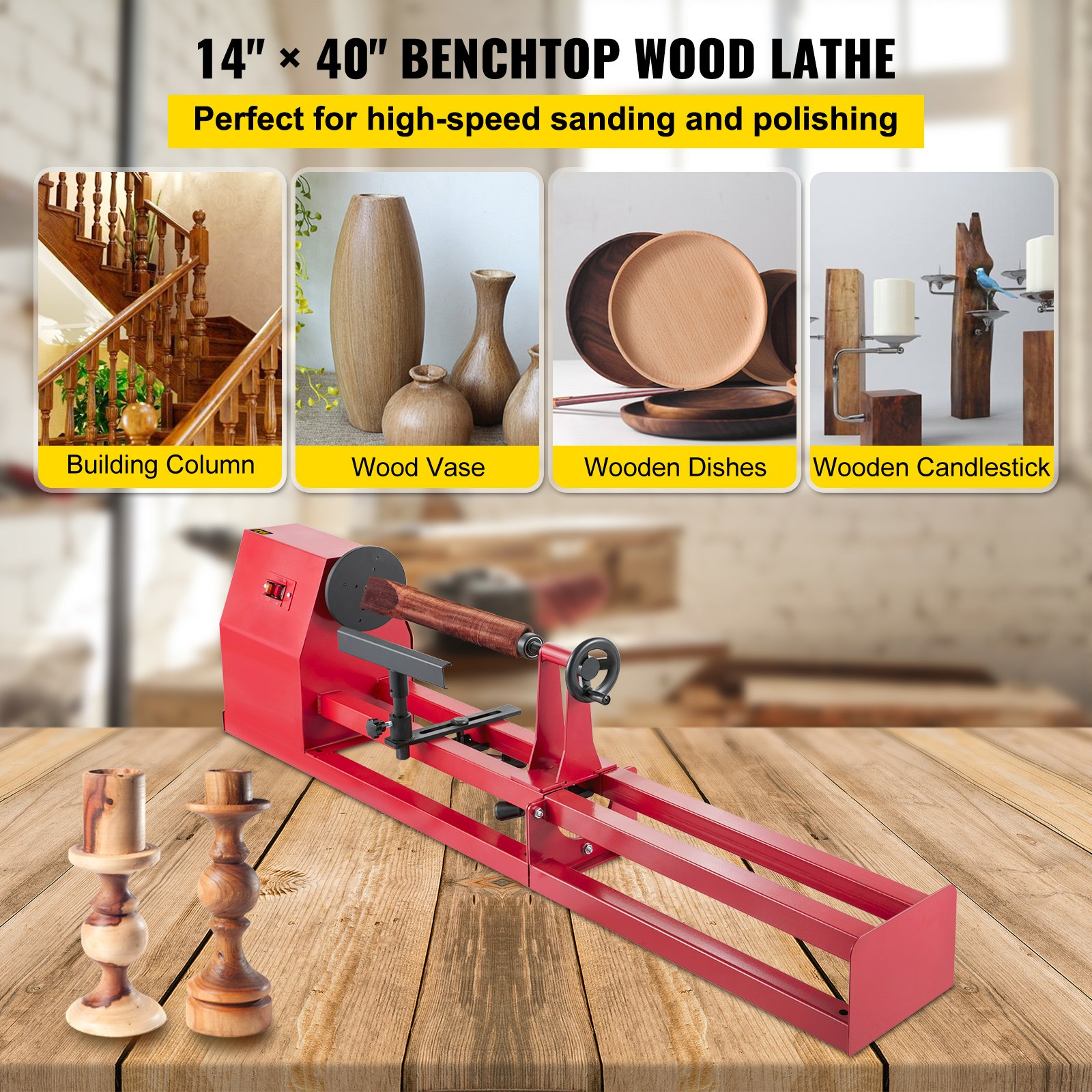 VEVOR Wood Lathe, 14" x 40", Power Wood Turning Lathe 1/2HP 4 Speed 1100/1600/2300/3400RPM, Benchtop Wood Lathe with 3 Chisels Perfect for High Speed Sanding and Polishing of Finished Work, Goodies N Stuff