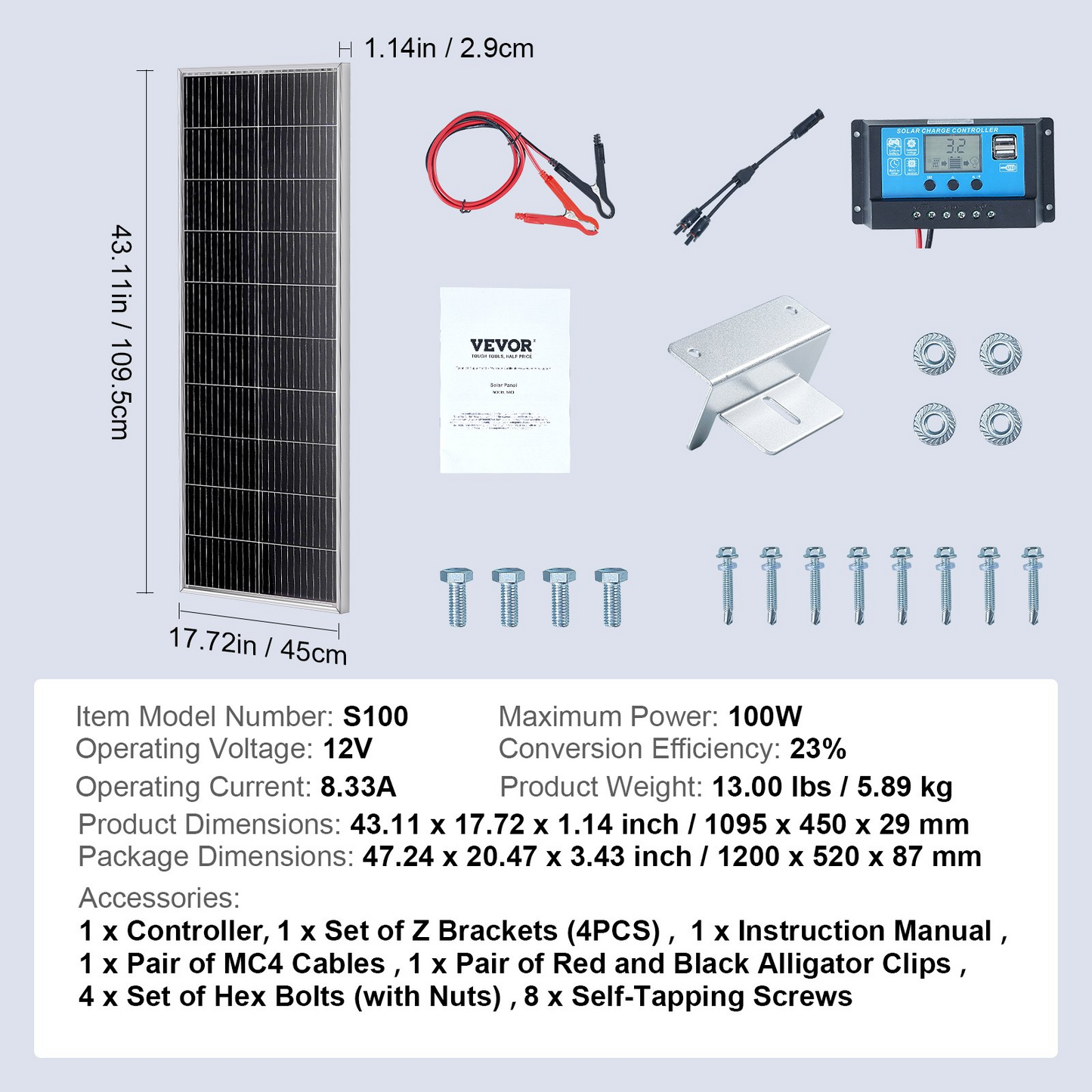 VEVOR 100W Monocrystalline Solar Panel Kit 12V Solar Panel & Charge Controller, Goodies N Stuff