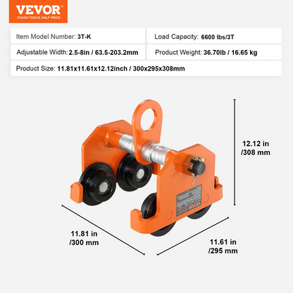 VEVOR Manual Trolley, 6600 lbs/3 Ton Load Capacity, Push Beam Trolley with Dual Wheels, Adjustable for I-Beam Flange Width 2.5" to 8", Heavy Duty Alloy Steel Garage Hoist for Straight Curved I Beam, Goodies N Stuff