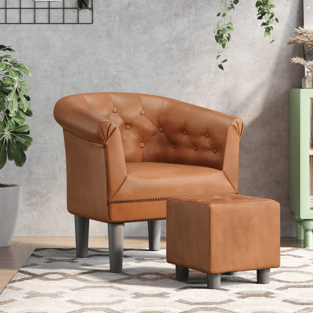 vidaXL Tub Chair with Footstool Brown Faux Leather, Goodies N Stuff