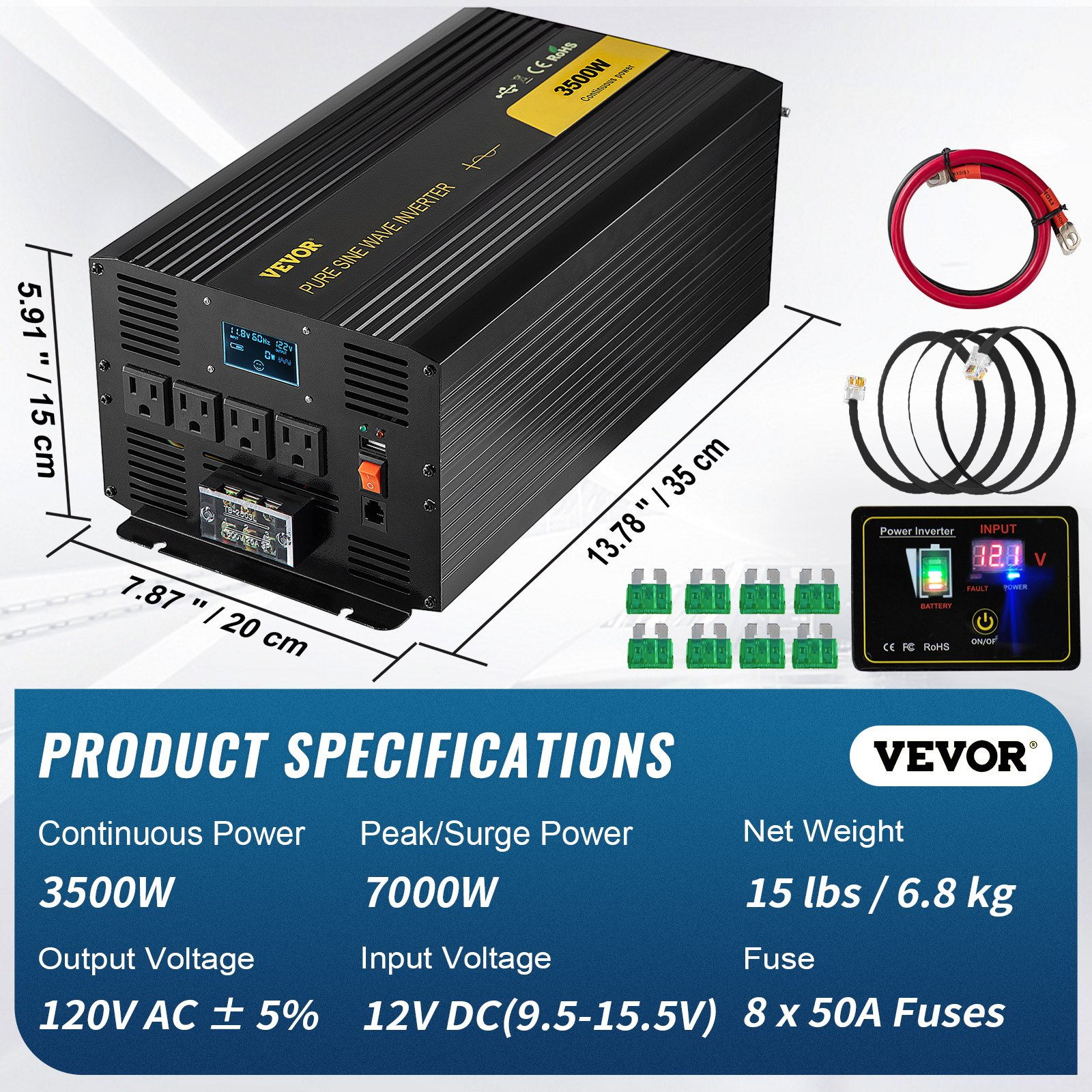 VEVOR Pure Sine Wave Inverter 3500 Watt Power Inverter, DC 12V to AC 120V Car Inverter, with USB Port LCD Display Remote Controller and AC Outlets (GFCI), for RV Truck Car Solar System Travel Camping, Goodies N Stuff