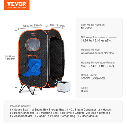VEVOR Compact Portable Steam Sauna Tent, 1000 Watt Sauna Blanket with Chair, Home Therapeutic Sauna Tent for Detox Relaxation, Time & Temperature Remote Control Personal Sauna for Home, Black, Goodies N Stuff