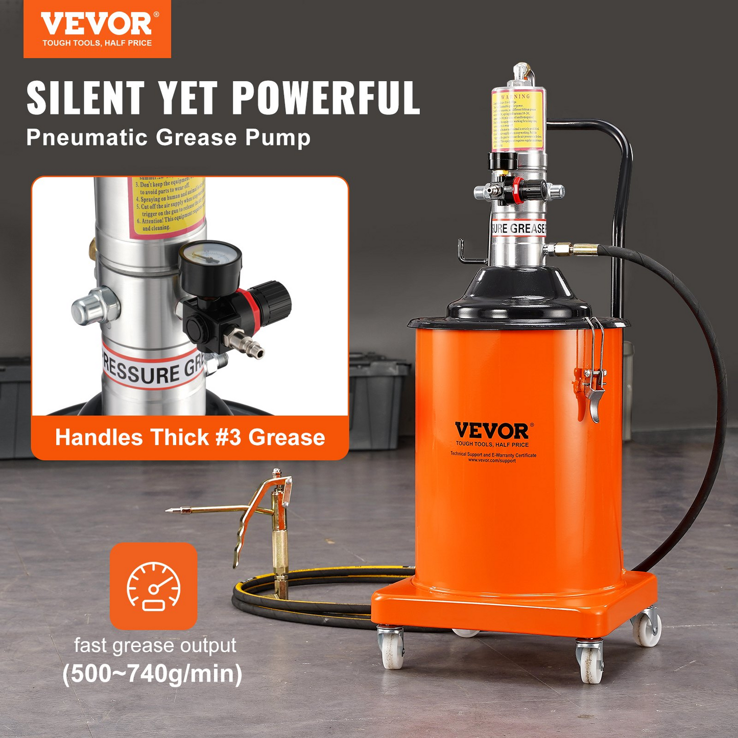 VEVOR Grease Pump, 5 Gallon 20L, Air Operated Grease Pump with 13 ft High Pressure Hose and Grease Gun, Pneumatic Grease Bucket Pump with Wheels, Portable Lubrication Grease Pump 50:1 Pressure Ratio, Goodies N Stuff