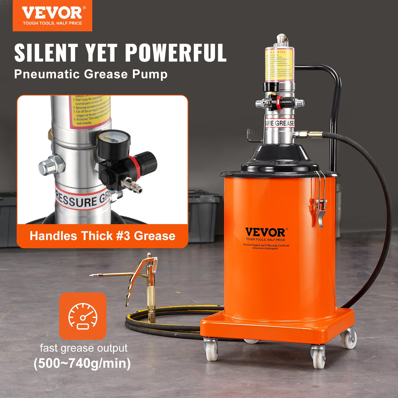 VEVOR Grease Pump, 5 Gallon 20L, Air Operated Grease Pump with 13 ft High Pressure Hose and Grease Gun, Pneumatic Grease Bucket Pump with Wheels, Portable Lubrication Grease Pump 50:1 Pressure Ratio, Goodies N Stuff