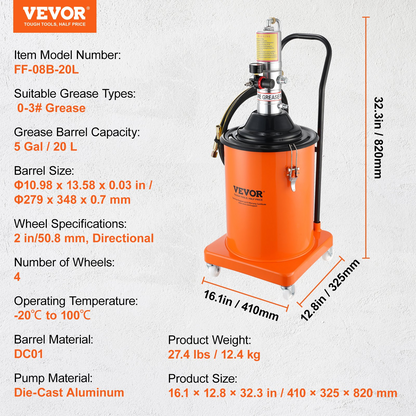 VEVOR Grease Pump, 5 Gallon 20L, Air Operated Grease Pump with 13 ft High Pressure Hose and Grease Gun, Pneumatic Grease Bucket Pump with Wheels, Portable Lubrication Grease Pump 50:1 Pressure Ratio, Goodies N Stuff