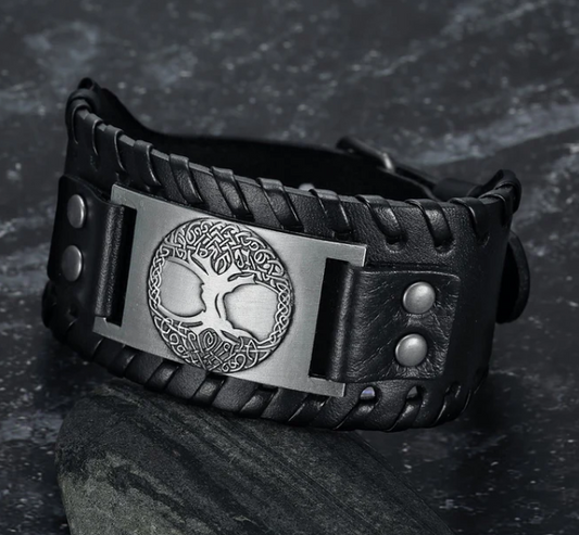 Asgard Crafted Leather Buckle Arm Cuff With Metal Celtic Tree Of Life Design, Goodies N Stuff