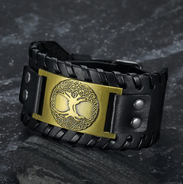 Asgard Crafted Leather Buckle Arm Cuff With Metal Celtic Tree Of Life Design, Goodies N Stuff