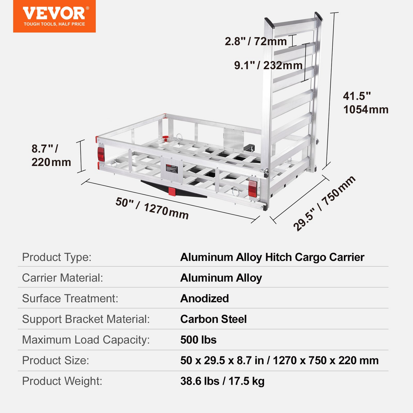 VEVOR 50 x 29.5 x 8.7 inch Hitch Cargo Carrier, 500lbs Capacity Trailer Hitch Mounted Cargo Basket, Aluminum Luggage Carrier Rack with Folding Ramp, Fits 2" Hitch Receiver for SUV Truck Pickup Camping, Goodies N Stuff