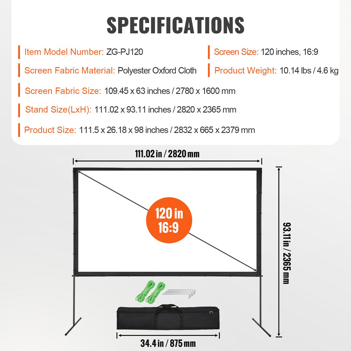VEVOR Projector Screen with Stand, 120 inch 16:9 4K 1080 HD Outdoor Movie Screen with Stand, Wrinkle-Free Projection Screen with Bar Feet and Carry Bag, for Home Theater Cinema Backyard Movie Night, Goodies N Stuff