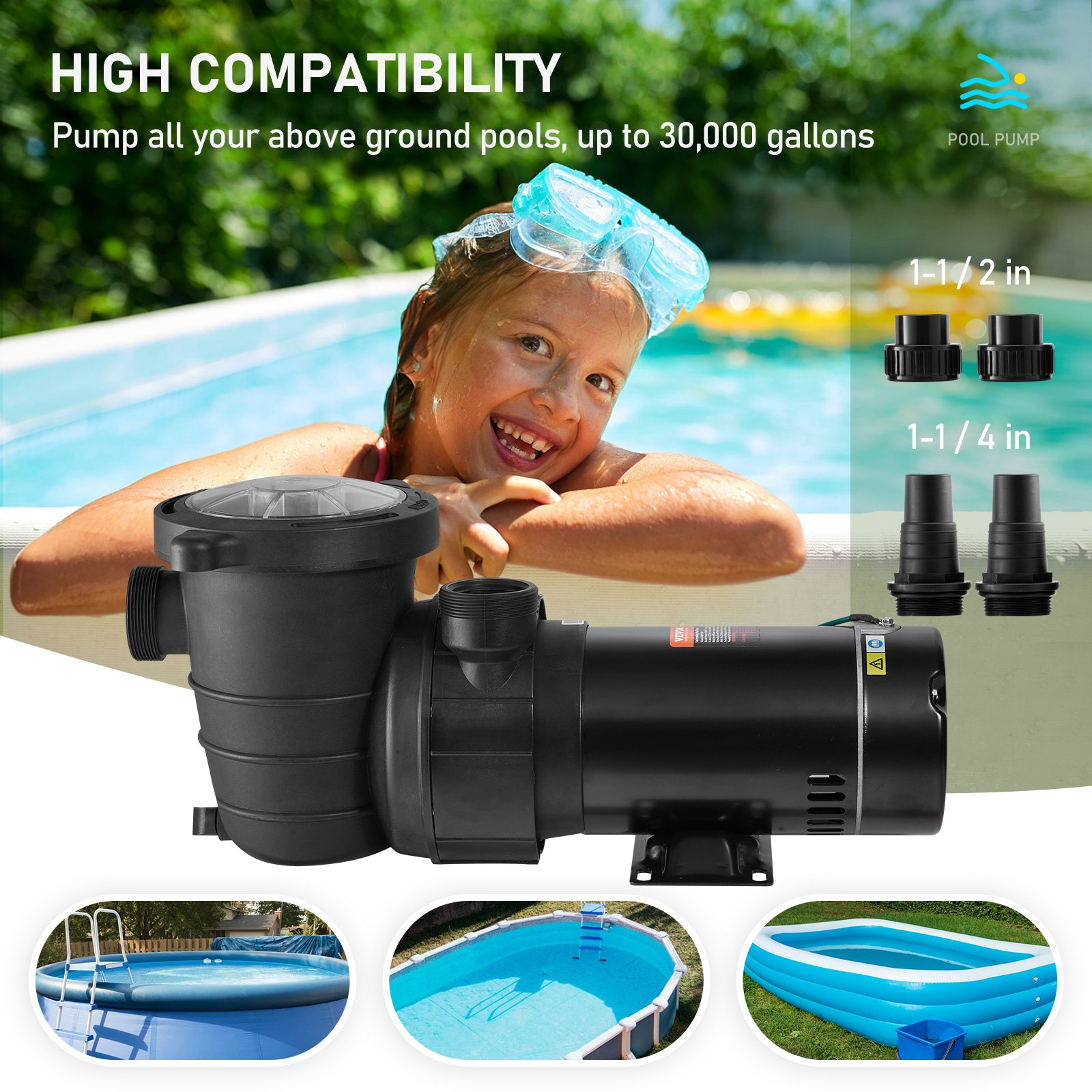 VEVOR Swimming Pool Pump 2.0HP 115V 1500W, Single Speed Pumps for Above Ground Pool, Powerful Self Primming Pool Pumps w/ Strainer Basket, 5400 GPH Max. Flow, ETL Certification, Goodies N Stuff