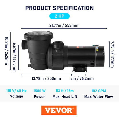 VEVOR Swimming Pool Pump 2.0HP 115V 1500W, Single Speed Pumps for Above Ground Pool, Powerful Self Primming Pool Pumps w/ Strainer Basket, 5400 GPH Max. Flow, ETL Certification, Goodies N Stuff