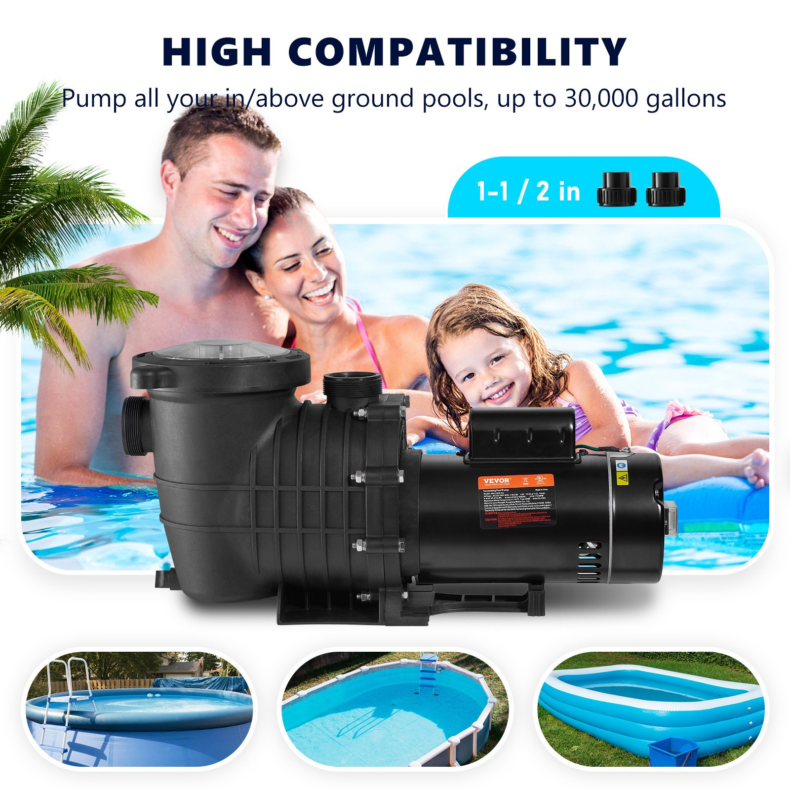 VEVOR Pool Pump 1.5HP 230V, Variable Dual Speed Pumps 1100W for Above Ground Pool, Powerful Self-priming Pump w/ Strainer Filter Basket, 5400 GPH Max. Flow, Energy Saving Swimming Pool Pump, Goodies N Stuff