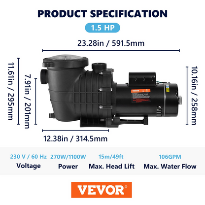 VEVOR Pool Pump 1.5HP 230V, Variable Dual Speed Pumps 1100W for Above Ground Pool, Powerful Self-priming Pump w/ Strainer Filter Basket, 5400 GPH Max. Flow, Energy Saving Swimming Pool Pump, Goodies N Stuff