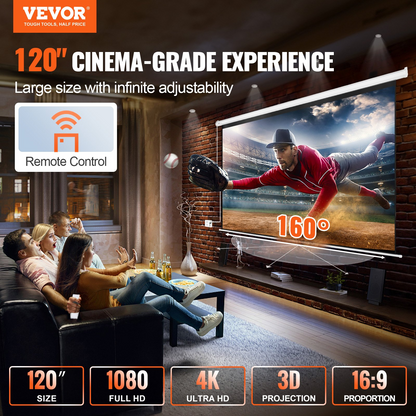 VEVOR Motorized Projector Screen, 120 inch 16:9 4K 1080 HD Electric Projector Screen, Automatic Projection Screen with Remote Control, Wall Mount Movie Screen for Family Home Office Theater, Goodies N Stuff