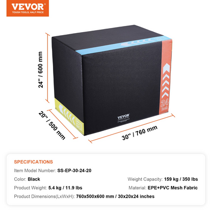 VEVOR 3 in 1 Plyometric Jump Box, 30/24/20 Inch Foam Plyo Box - Black, Goodies N Stuff