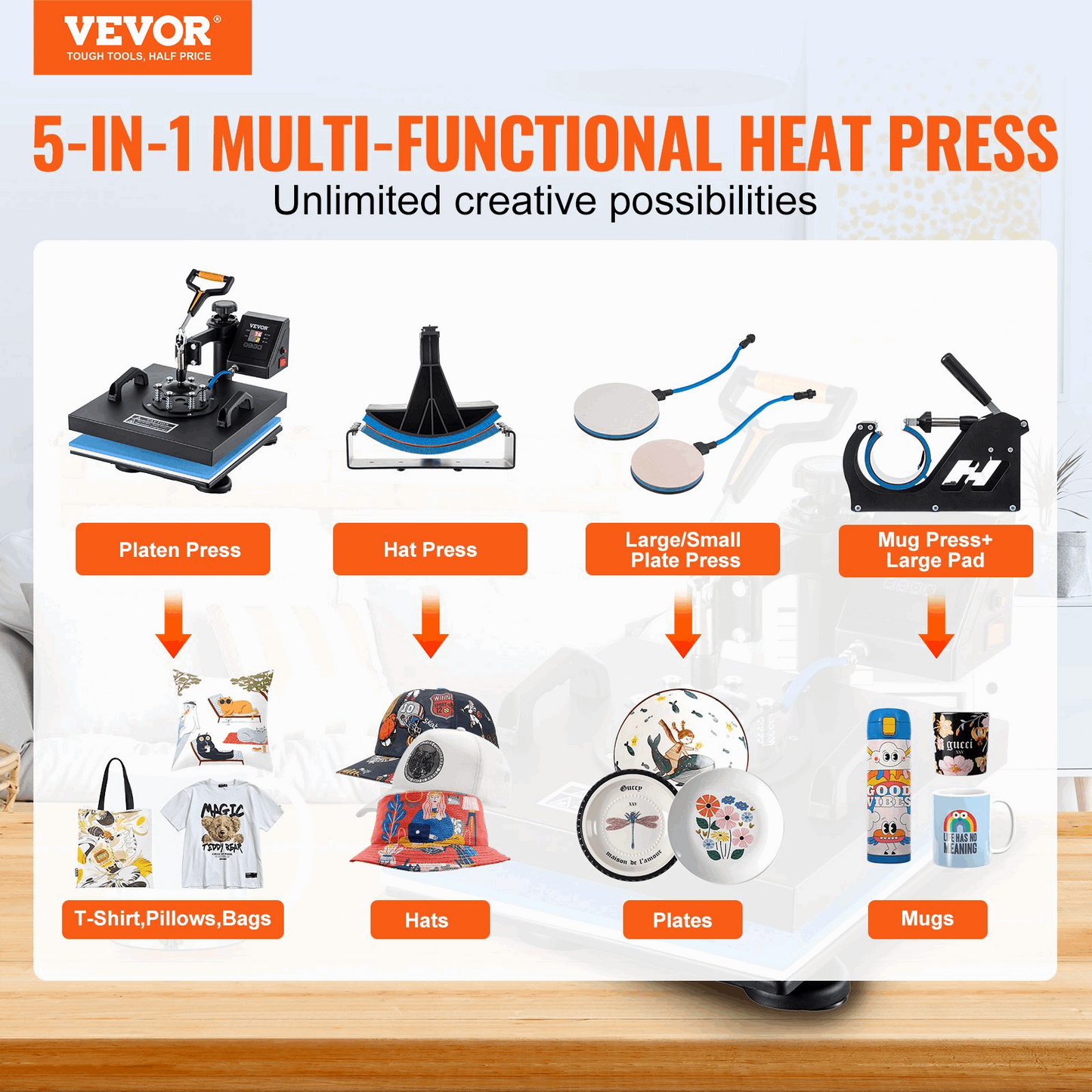 5 In 1 Heat Press 15" X 15" Digital Clamshell Sublimation for DIY Mug Cap Plate, Goodies N Stuff