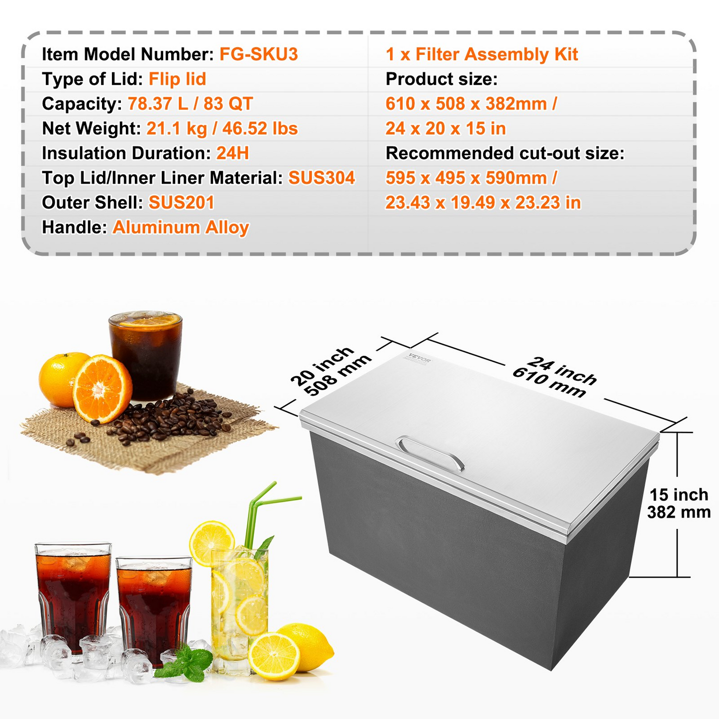 VEVOR Drop in Ice Chest, 24"L x 20"W x 15"H Stainless Steel Ice Cooler, Commercial Ice Bin with Hinged Cover, 40 qt Outdoor Kitchen Ice Bar, Drain-pipe and Drain Plug Included, for Cold Wine Beer, Goodies N Stuff