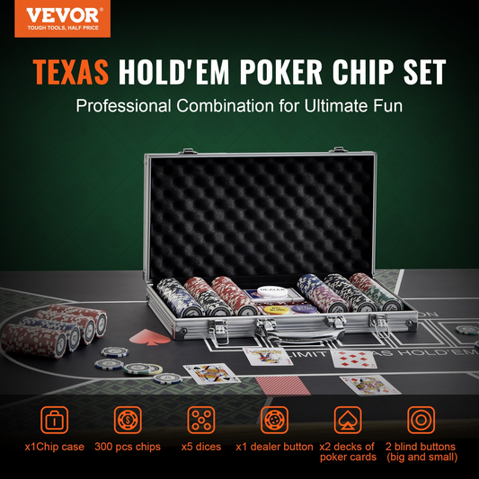 VEVOR Poker Chip Set, 300-Piece Poker Set, Complete Poker Playing Game Set with Aluminum Carrying  Case, 11.5 Gram Casino Chips, Cards, Buttons and Dices, for Texas Hold'em, Blackjack, Gambling, Goodies N Stuff