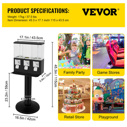 VEVOR Triple Head Candy Vending Machine, 1-inch Gumball Vending Machine, Commercial Gumball Vending Machine with Stand and Adjustable Candy Outlet Size, Candy Vending Machine for Home, Gaming Stores, Goodies N Stuff