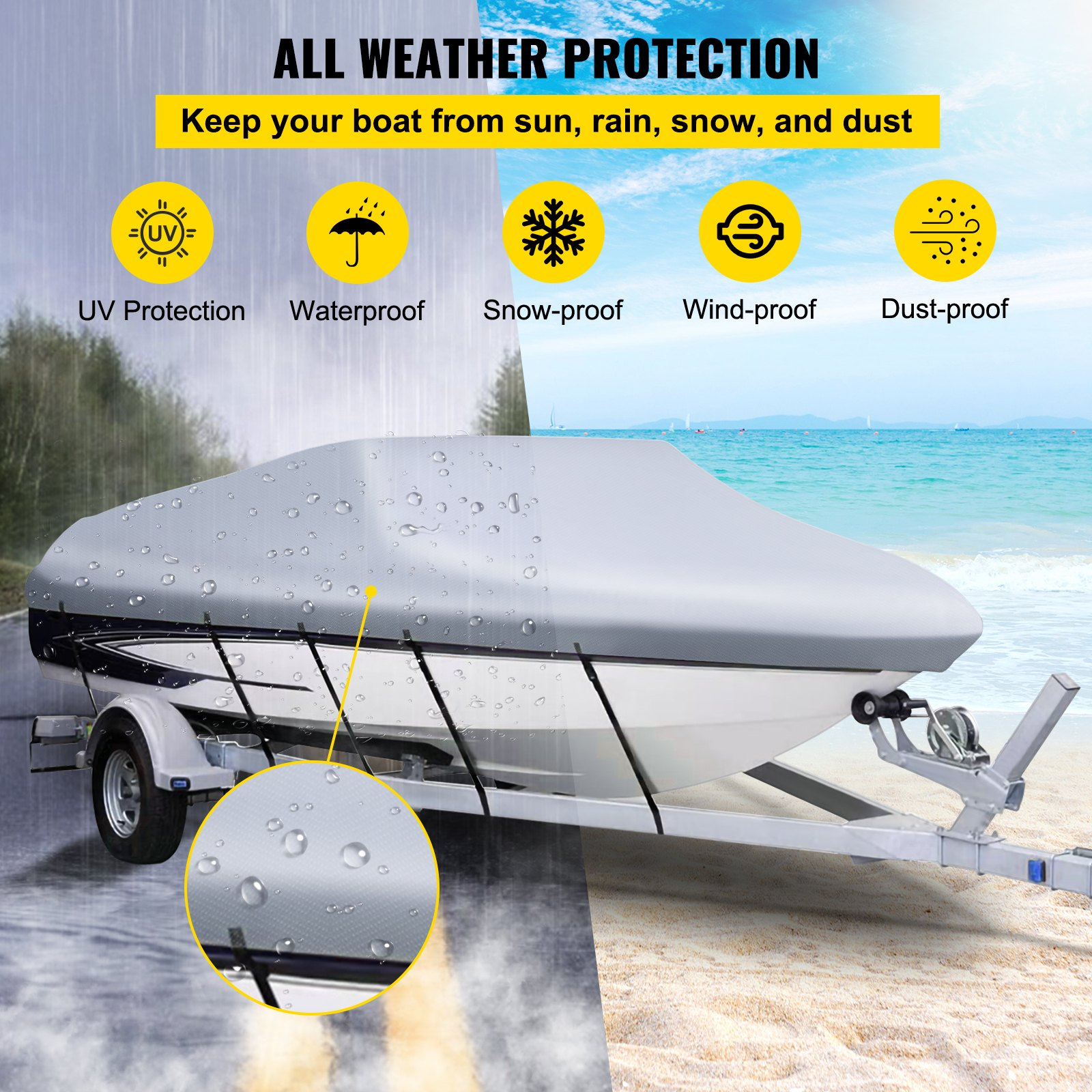 VEVOR Waterproof Boat Cover, 16'-18.5' Trailerable Boat Cover, Beam Width up to 98" v Hull Cover Heavy Duty 210D Marine Grade Polyester Mooring Cover for Fits V-Hull Boat with 5 Tightening Straps, Goodies N Stuff