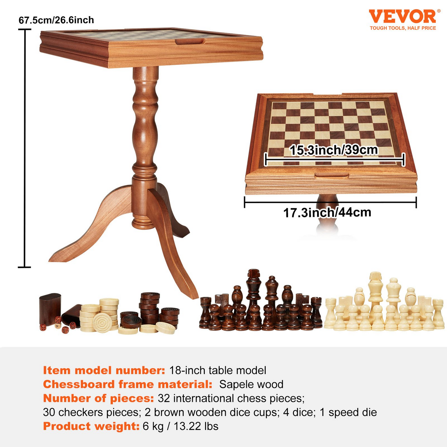 VEVOR 3-IN-1 Chess Checkers Backgammon Table Set, 18 Inch Premium Wooden Chess Table, Goodies N Stuff