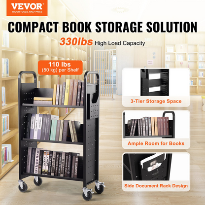 VEVOR Book Cart, 330 lbs Library Cart, 31.1" x 15.2" x 49.2" Rolling Book Cart, Single Sided V-Shaped Sloped Shelves with 4-Inch Lockable Wheels for Home Shelves Office and School, Book Truck in Black, Goodies N Stuff