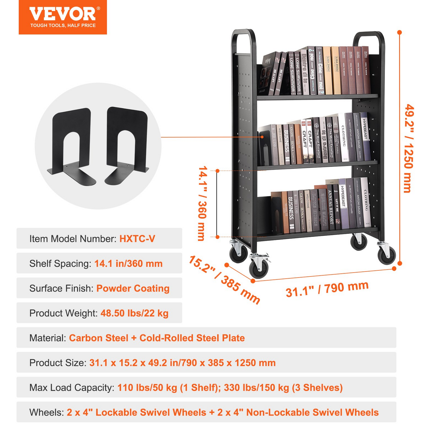 VEVOR Book Cart, 330 lbs Library Cart, 31.1" x 15.2" x 49.2" Rolling Book Cart, Single Sided V-Shaped Sloped Shelves with 4-Inch Lockable Wheels for Home Shelves Office and School, Book Truck in Black, Goodies N Stuff