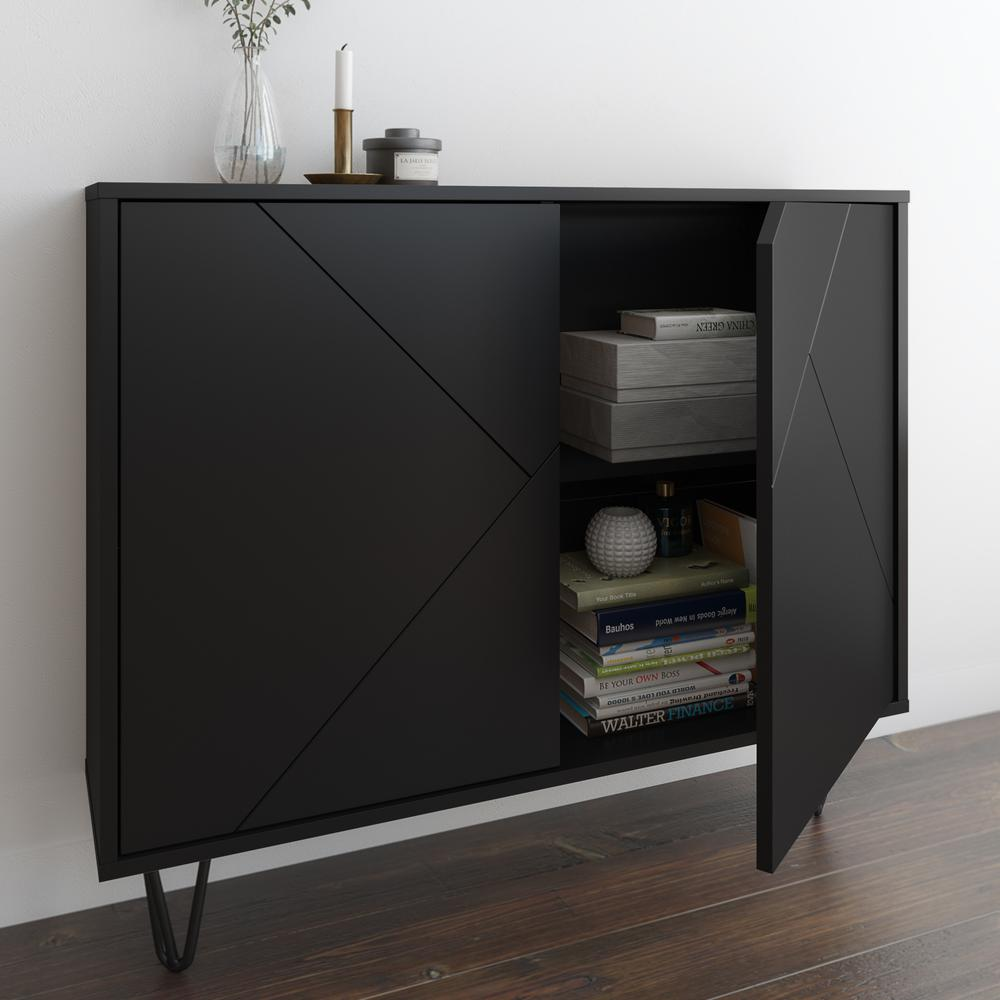 Slim 2-Door Storage Accent Cabinet, Floating And Wall Mount Bar, Black, Goodies N Stuff