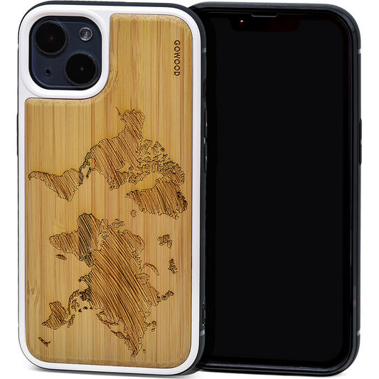 iPhone 13 bamboo wood case world map engraved backside with TPU bumper, Goodies N Stuff