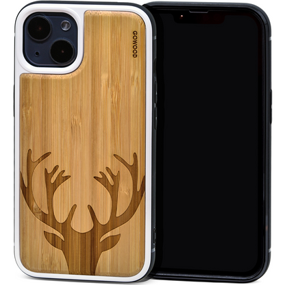 iPhone 13 bamboo wood case deer engraved backside with TPU bumper, Goodies N Stuff