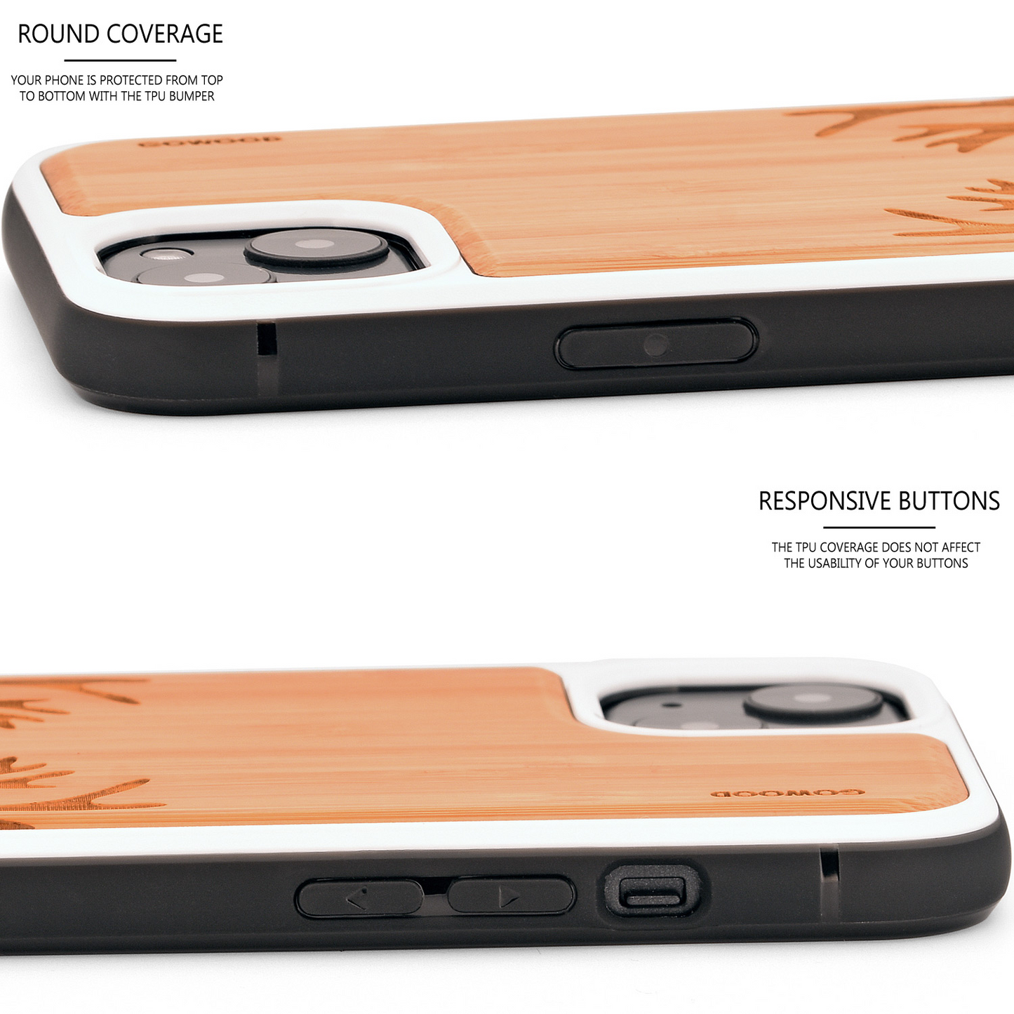 iPhone 13 bamboo wood case deer engraved backside with TPU bumper, Goodies N Stuff
