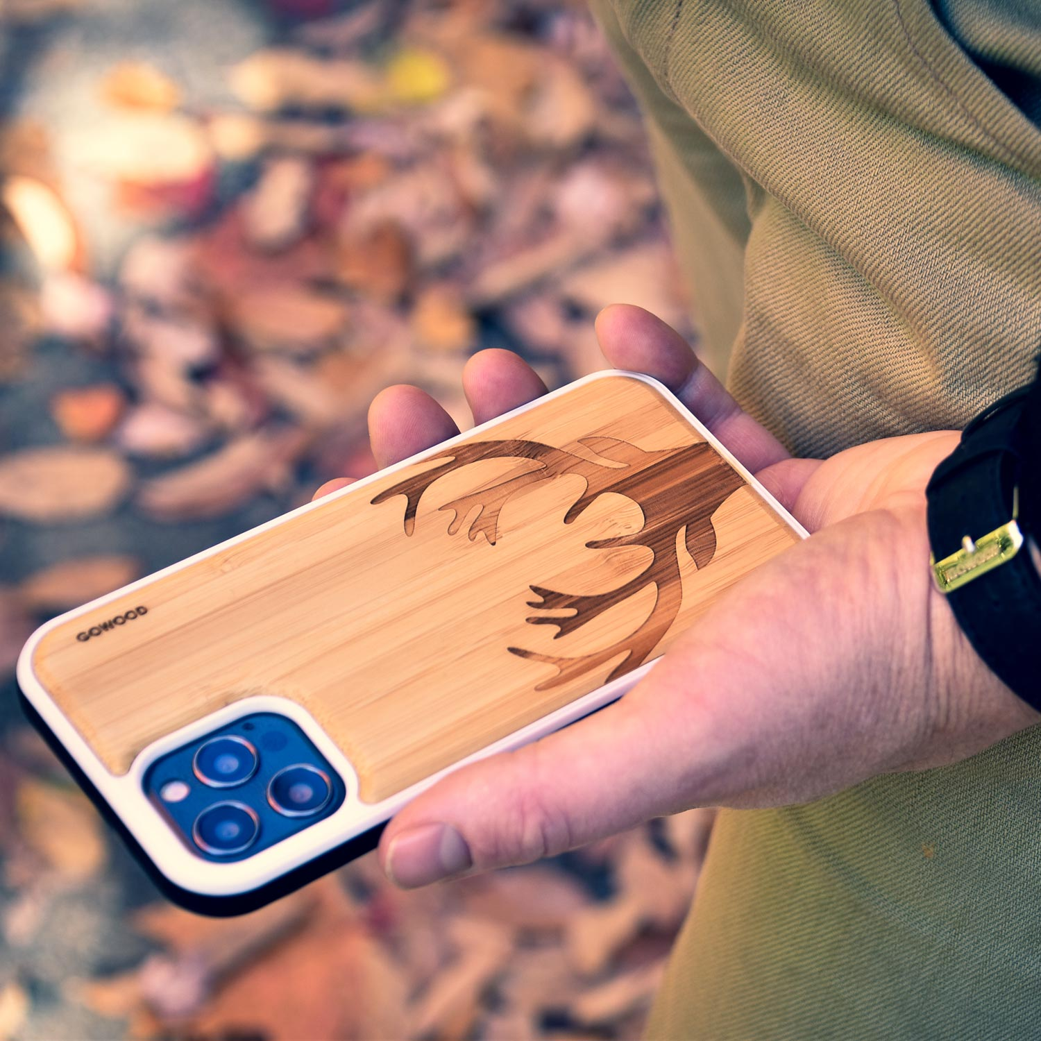 iPhone 13 bamboo wood case deer engraved backside with TPU bumper, Goodies N Stuff