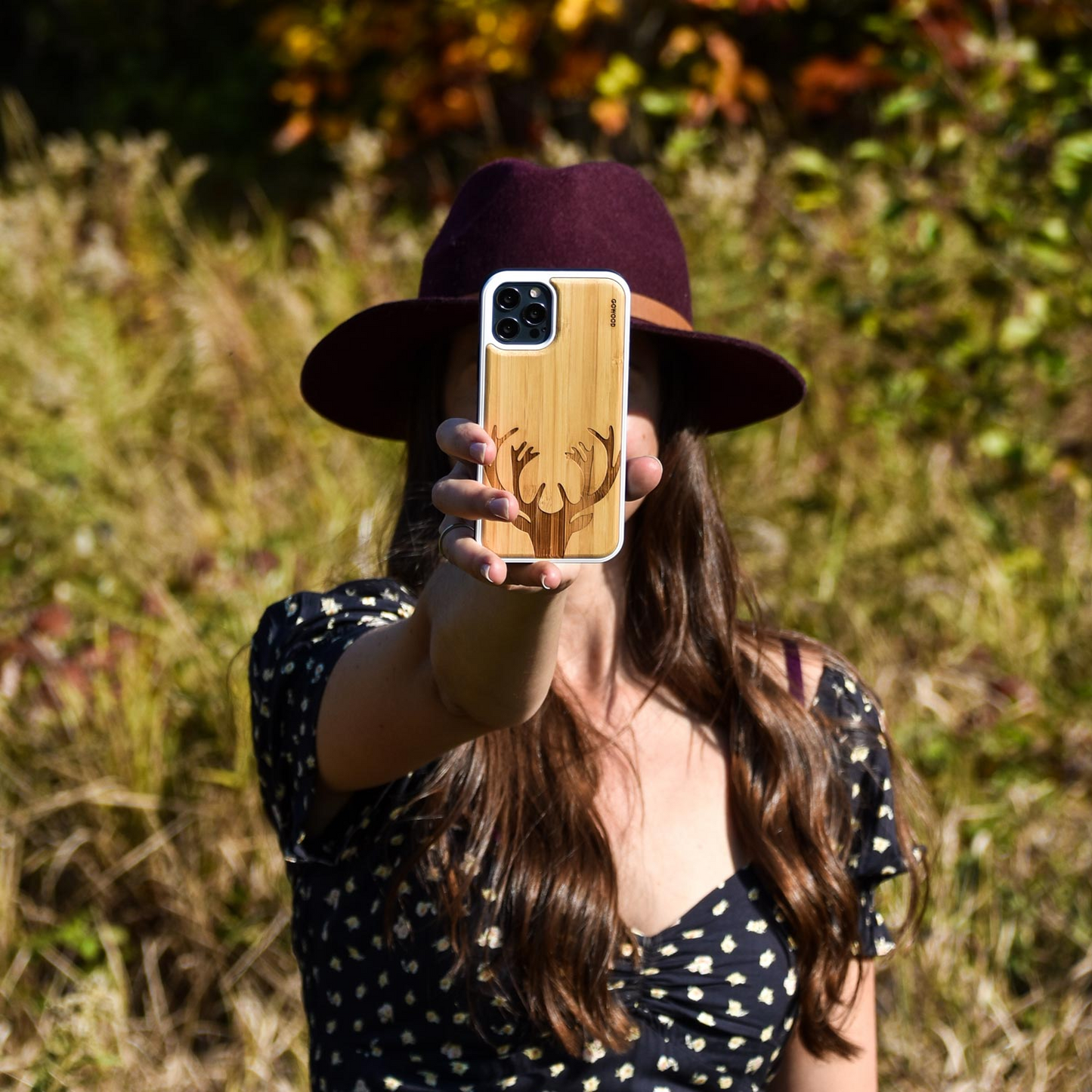 iPhone 13 bamboo wood case deer engraved backside with TPU bumper, Goodies N Stuff