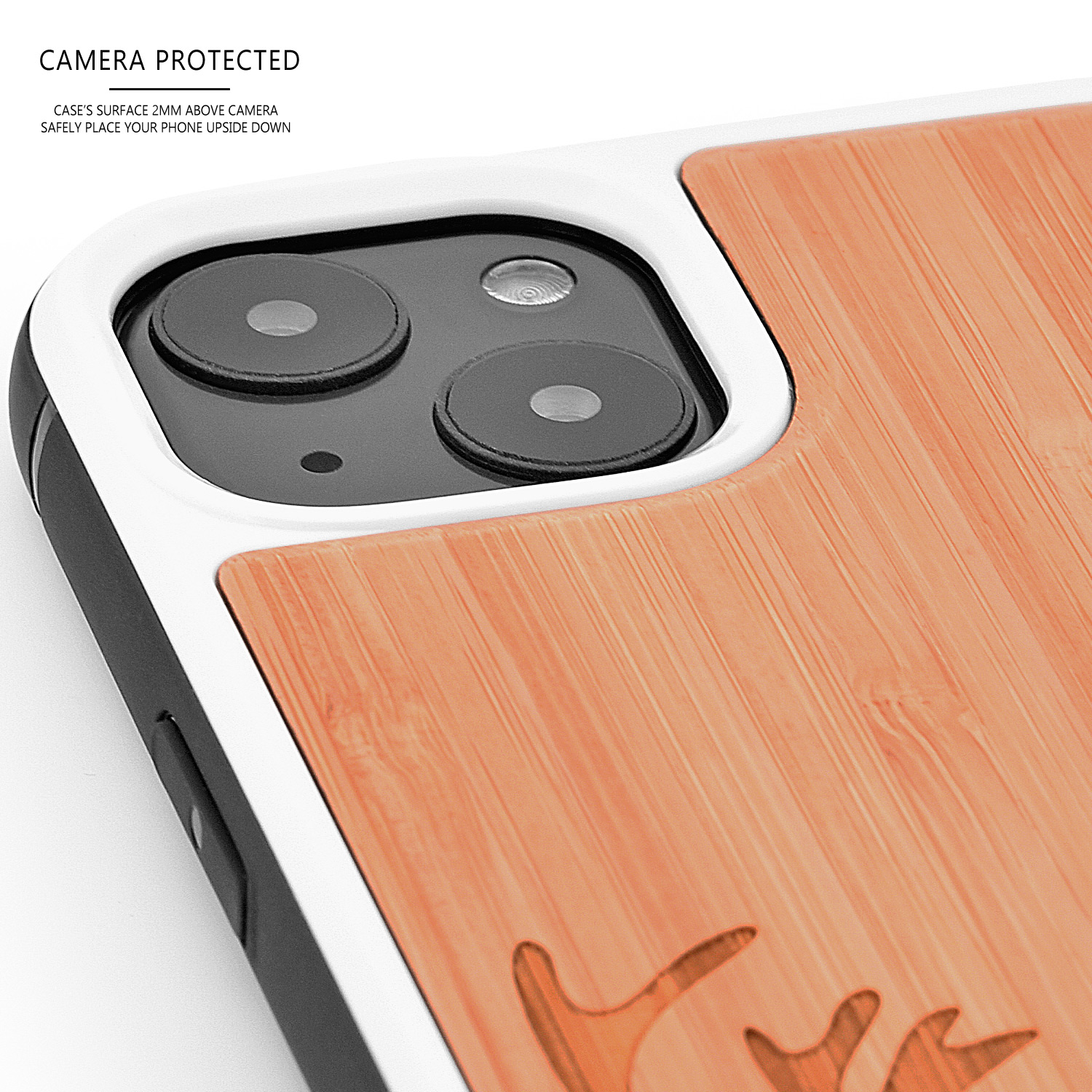 iPhone 13 Mini bamboo wood case deer engraved backside with TPU bumper, Goodies N Stuff