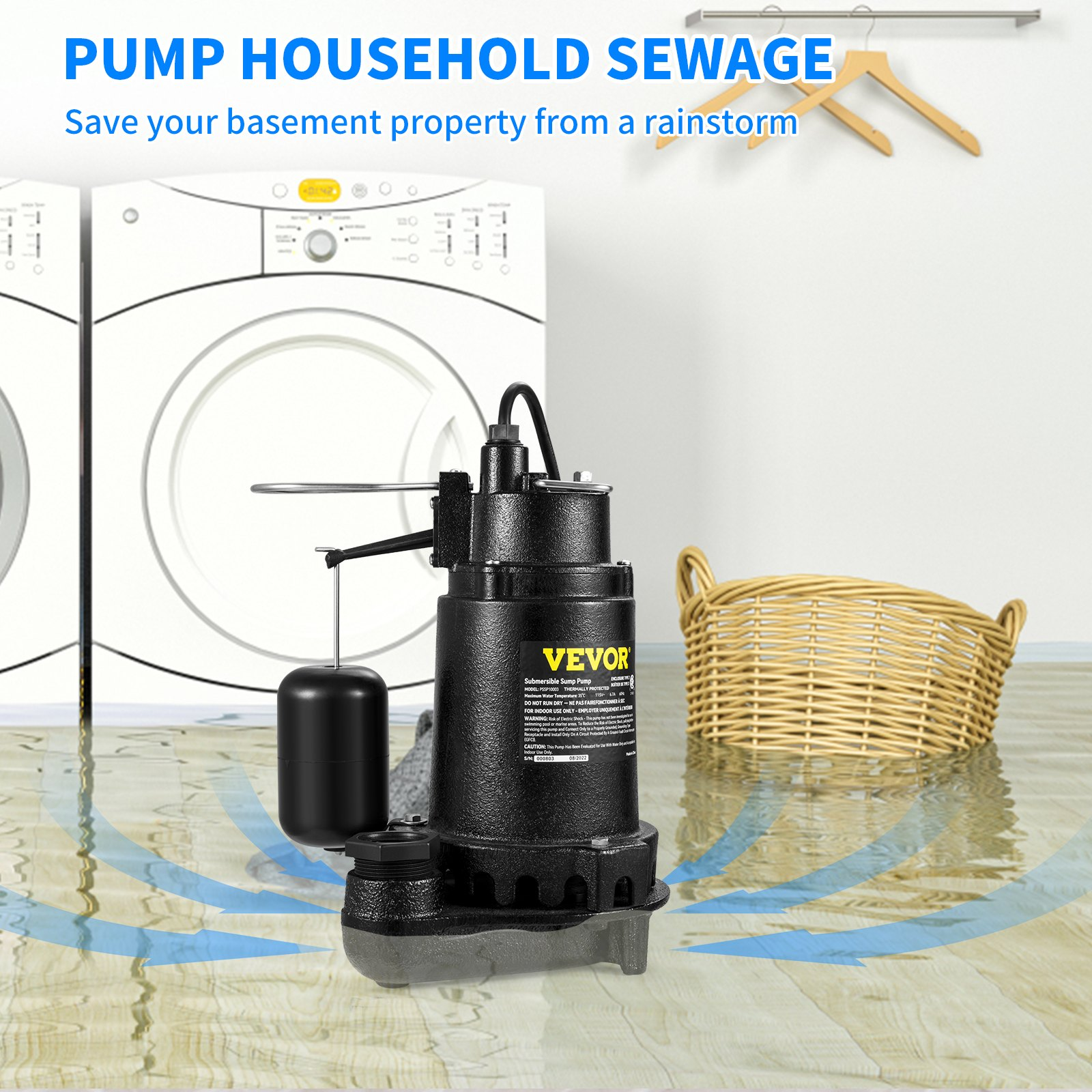 VEVOR 1HP Sewage Pump, 5600 GPH Cast Iron Submersible Sump Pump with Automatic Snap-action Float Switch, Heavy-Duty Submersible Sewage, Effluent Pump for Septic Tank, Basement, Flooding Area, Goodies N Stuff