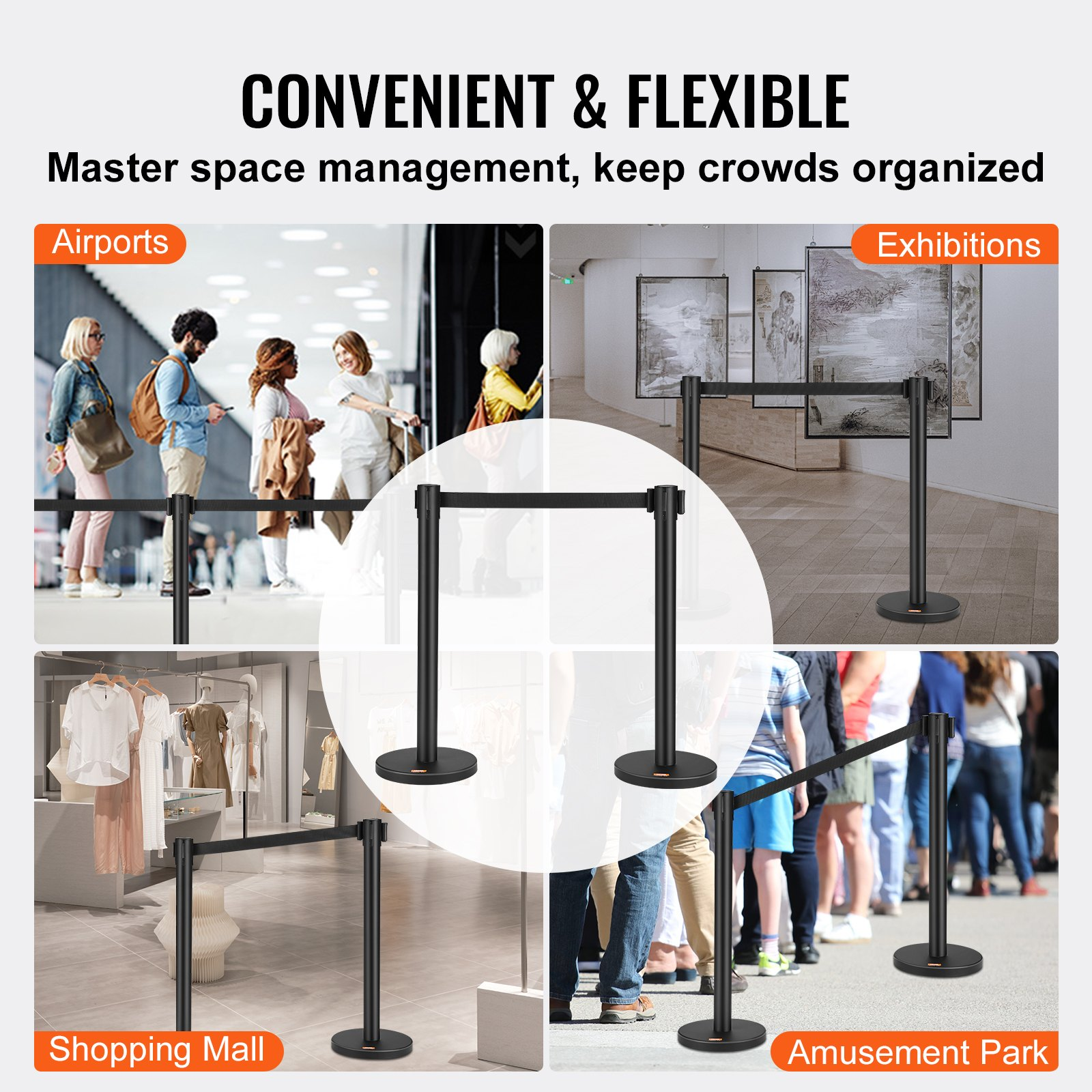 VEVOR Crowd Control Stanchions, 2-Pack Crowd Control Barriers, Carbon Steel Baking Painted Stanchion Queue Post with 6.5FT Black Retractable Belt, Belt Barriers Line Divider for Exhibition, Airport, Goodies N Stuff