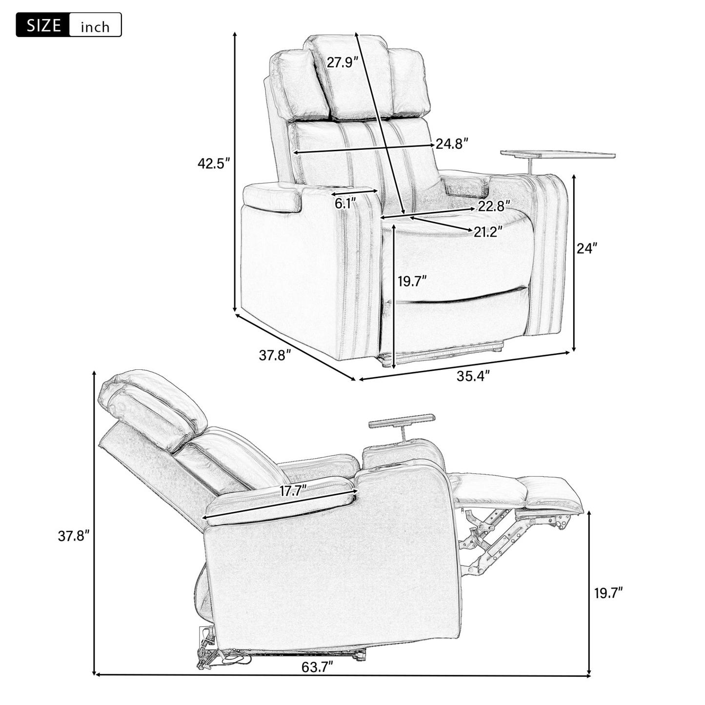 PU Leather Power Recliner Individual Seat Home Theater Recliner with Cooling Cup Holder, Bluetooth Speaker, LED Lights, USB Ports, Tray Table, Arm Storage for Living Room, Black, Goodies N Stuff